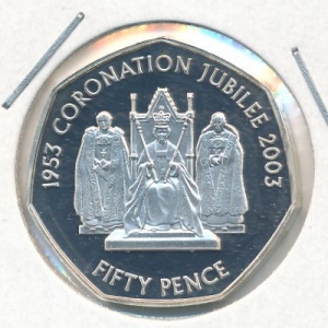 Реверс монеты Гернси, 50 пенсов, 2003, 50 лет коронации Королевы Елизаветы II /королева на троне/