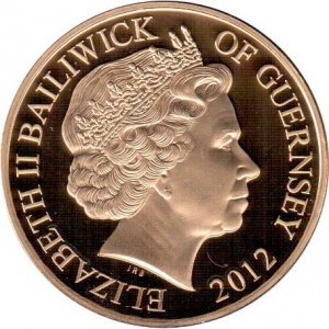 Аверс монеты Гернси, 50 пенсов, 2012, 60 лет правлению Королевы Елизаветы II /Елизавета в синей шляпе/