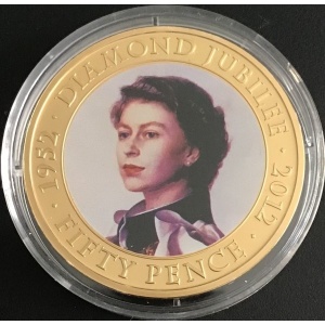 Реверс монеты Гернси, 50 пенсов, 2012, 60 лет правлению Королевы Елизаветы II /Молодая Елизавета II/