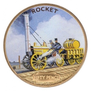 Реверс монеты Гернси, 50 пенсов, 2013, Паровые локомотивы - Stephenson's Rocket