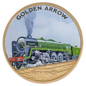 Реверс монеты Гернси, 50 пенсов, 2013, Паровые локомотивы - Golden Arrow