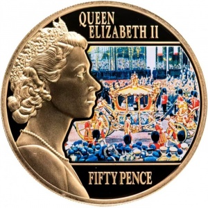 Реверс монеты Гернси, 50 пенсов, 2014, Размышления о правлении - Церемония коронации