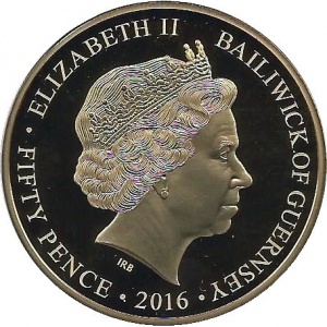 Аверс монеты Гернси, 50 пенсов, 2016, 90 лет со дня рождения Королевы Елизаветы II /в голубом костюме/