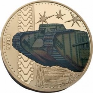 Реверс монеты Гернси, 50 пенсов, 2016, Танки в бою - тяжелый танк "Mark I"