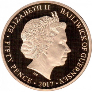 Аверс монеты Гернси, 50 пенсов, 2017, Отдать больше, чем мог отдать человек - Медаль «Победа» и Британские медали за …