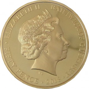 Аверс монеты Гернси, 50 пенсов, 2018, 65 лет коронации Елизаветы II /Елизавета на троне/