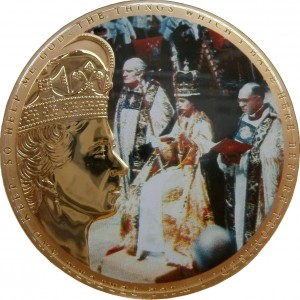 Реверс монеты Гернси, 50 пенсов, 2018, 65 лет коронации Елизаветы II /Елизавета на троне/