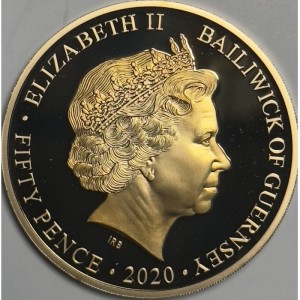 Аверс монеты Гернси, 50 пенсов, 2020, Королевский ВМФ 1939-1945 Ланкастер