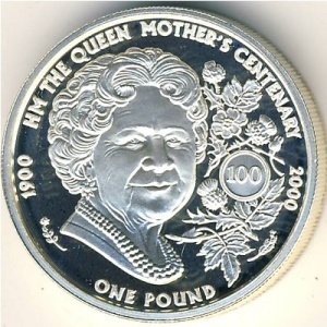 Реверс монеты Гернси, 1 фунт, 2000, 100 лет со дня рождения Королевы Матери