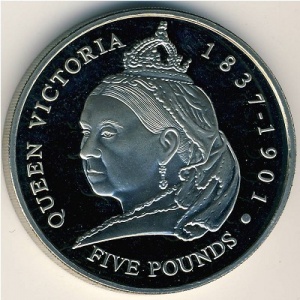 Реверс монеты Гернси, 5 фунтов, 2001, 100 лет со дня смерти Королевы Виктории