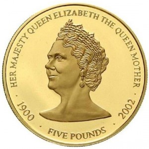 Реверс монеты Гернси, 5 фунтов, 2002, Королева Елизавета Королева-мать