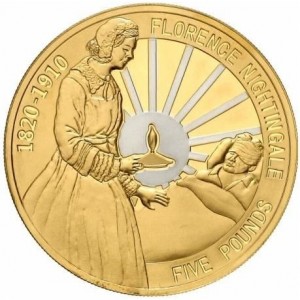 Реверс монеты Гернси, 5 фунтов, 2010, 100 лет со дня смерти Флоренс Найтингейл
