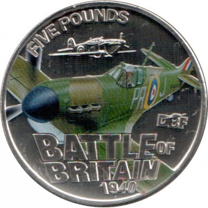 Реверс монеты Гернси, 5 фунтов, 2010, Битва за Британию 1940 /Supermarine Spitfire, номер на борту PR-J/