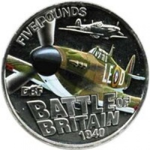 Реверс монеты Гернси, 5 фунтов, 2010, Битва за Британию 1940 /Hawker Hurricane,номер на борту LE-D/