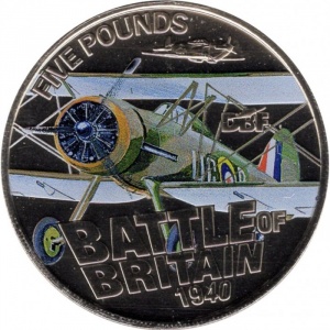Реверс монеты Гернси, 5 фунтов, 2010, Битва за Британию 1940 /Gloster Gladiator/