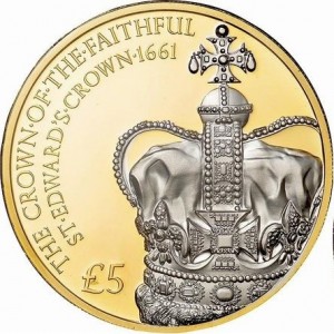 Реверс монеты Гернси, 5 фунтов, 2011, 350 лет Короне святого Эдуарда