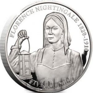 Реверс монеты Гернси, 5 фунтов, 2020, 200 лет со дня рождения Флоренс Найтингейл