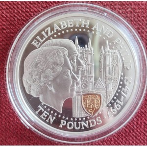Реверс монеты Гернси, 10 фунтов, 1997, 50 лет свадьбе Королевы Елизаветы II и Принца Филиппа
