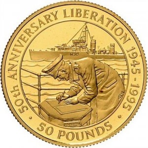 Реверс монеты Гернси, 50 фунтов, 1995, 50 лет освобождению