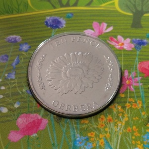 Реверс монеты Джерси, 10 пенсов, 2022, Садовые цветы - Гербера (Transvaal daisy)