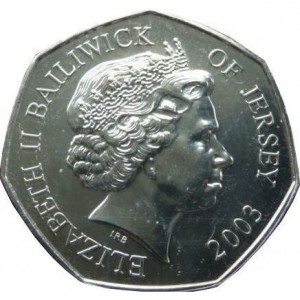 Аверс монеты Джерси, 50 пенсов, 2003, 50 лет коронации Королевы Елизаветы II /Архиепископ коронует Елизавету/