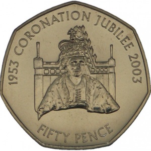 Реверс монеты Джерси, 50 пенсов, 2003, 50 лет коронации Королевы Елизаветы II /Елизавета на троне/