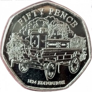 Реверс монеты Джерси, 50 пенсов, 2024, История Пожарных Бригад - 1824 Эдинбург