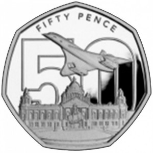 Реверс монеты Джерси, 50 пенсов, 2026, 50 лет Конкорду - Ратуша Белфаста