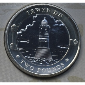 Реверс монеты Джерси, 2 фунта, 2022, 250 лет со дня рождения Роберта Стивенсона. Маяк Трвин-Дю