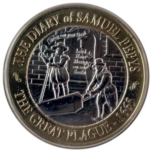 Реверс монеты Джерси, 2 фунта, 2025, 200 лет публикации дневника Сэмюэля Пипса - Великая эпидемия чумы в Лондоне