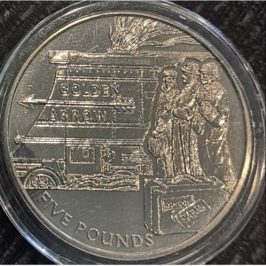 Реверс монеты Джерси, 5 фунтов, 2004, Паровые локомотивы - Golden Arrow