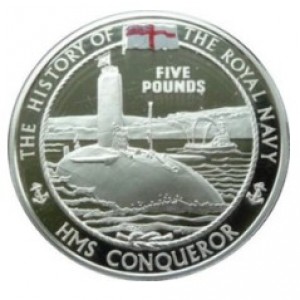 Реверс монеты Джерси, 5 фунтов, 2005, История Королевского флота - Корабль "Conqueror"