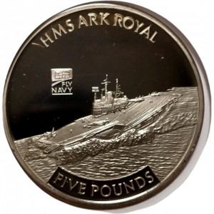 Реверс монеты Джерси, 5 фунтов, 2009, 100 лет авиации ВМФ - HMS Ark Royal