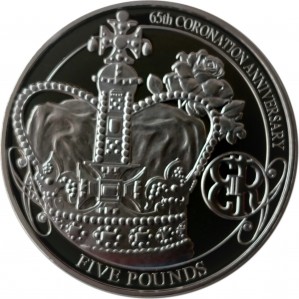Реверс монеты Джерси, 5 фунтов, 2018, 65 лет коронации Елизаветы II
