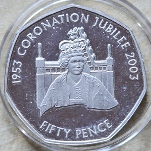 Реверс монеты Джерси, 50 пенсов, 2003, 50 лет коронации Королевы Елизаветы II /Елизавета на троне/