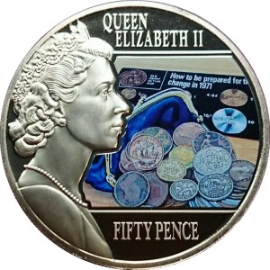 Реверс монеты Джерси, 50 пенсов, 2014, Размышления о правлении - Децимализация