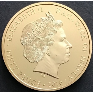 Аверс монеты Джерси, 50 пенсов, 2016, 90 лет со дня рождения Королевы Елизаветы II /Королева в красном пуловере/