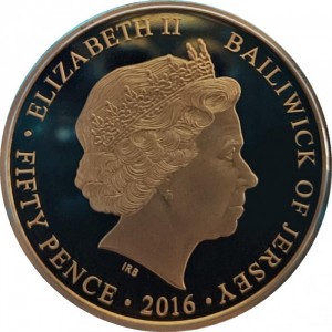Аверс монеты Джерси, 50 пенсов, 2016, 90 лет со дня рождения Королевы Елизаветы II /Королева в сером платье/