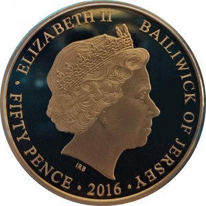 Аверс монеты Джерси, 50 пенсов, 2016, 90 лет со дня рождения Королевы Елизаветы II /Королева в темно-синем платье/