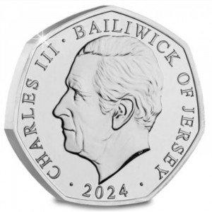 Аверс монеты Джерси, 50 пенсов, 2024, 60 лет Красным стрелам. Самолет над Тауэрским мостом, Цветное покрытие