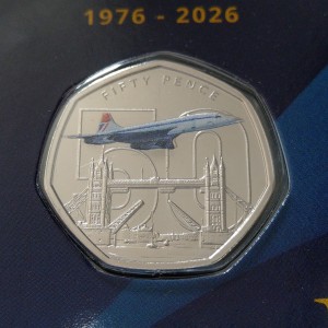 Реверс монеты Джерси, 50 пенсов, 2026, 50 лет Конкорду - Тауэрский мост в Лондоне, Цветное покрытие