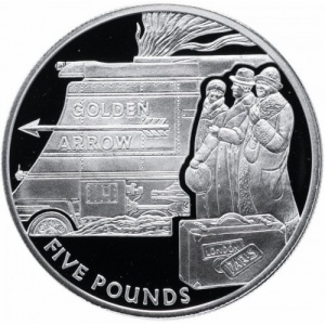 Реверс монеты Джерси, 5 фунтов, 2004, Паровые локомотивы - Golden Arrow