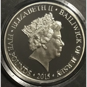 Аверс монеты Джерси, 5 фунтов, 2015, Елизавета II - Самый долго правящий монарх /Портрет 2000 Мэтью Бонакорси/