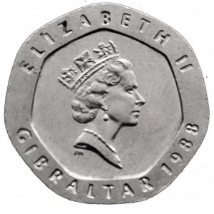 Аверс монеты Гибралтар, 20 пенсов, 1988-1997