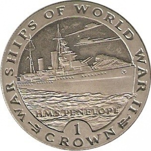 Реверс монеты Гибралтар, 1 крона, 1993, Боевые корабли Второй мировой войны - HMS Penelope