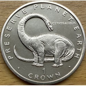 Реверс монеты Гибралтар, 1 крона, 1993, Заповедник планета Земля - Цетиозавр