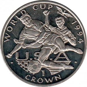 Реверс монеты Гибралтар, 1 крона, 1994, Чемпионат мира по футболу 1994 /борьба 2 игроков за мяч/