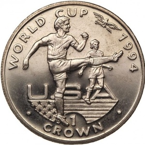 Реверс монеты Гибралтар, 1 крона, 1994, Чемпионат мира по футболу 1994 /игрок бьет ногой/