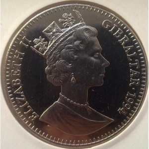 Аверс монеты Гибралтар, 1 крона, 1994, Заповедник планета Земля - Полосатый дельфин