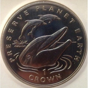 Реверс монеты Гибралтар, 1 крона, 1994, Заповедник планета Земля - Полосатый дельфин